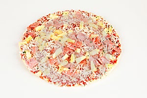 Frozen pizza with pinapple and ham