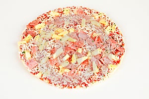 Frozen pizza with pinapple and ham
