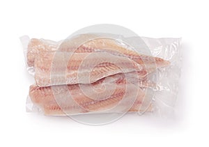 Frozen pollock fillet in airtight clear plastic bag