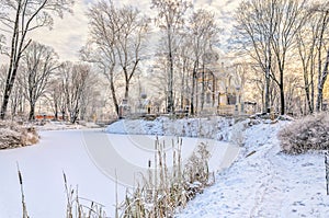 The frozen pond in the Nikolskoye cemetery of the Saint Alexander Nevsky Lavra.