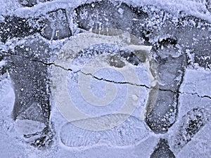 Frozen pond surface with footprints close-up