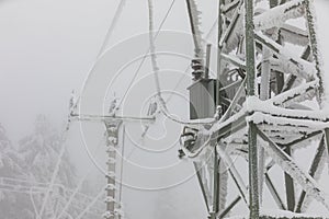 Frozen power line pylons. Hoarfrost on high voltage cables and pylons. Winter in the mountains photo
