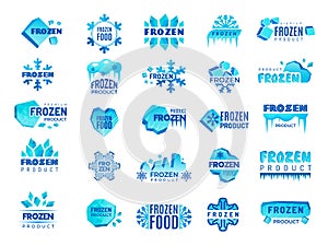 Frozen product logo. Snow and winter snowflakes from ice stylized symbols for logo design cold food temperatures recent photo