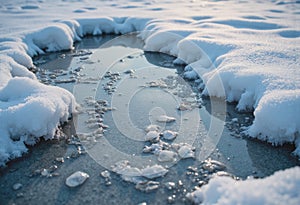 Frozen puddle surrounded by snow, showcasing intricate ice patterns
