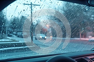 frozen rain droplets clinging to car windshield wipers