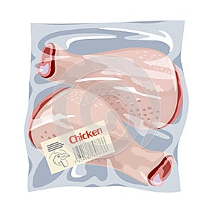 Frozen raw chicken leg quaters or drumsticks are in plastic bag. Fresh poultry meat.