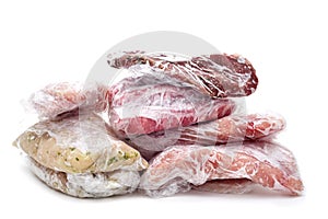 Frozen raw meat wrapped in plastic