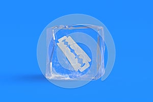 Frozen razor blade in ice cube.