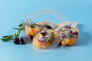 Frozen Refreshing Summer Cocktail Popsicles Recipe Cold Sweet Berry and Citrus Tea with Rosemary Blue Background Banner