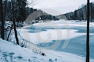 Frozen reservoir winter in Siberian ice water