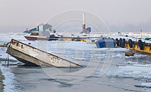 Frozen river Danube port