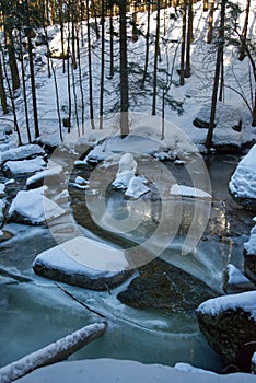 Frozen river Great Mumlava in the woods photo
