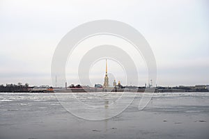 Frozen River Neva and bastion of Peter Paul Fortress