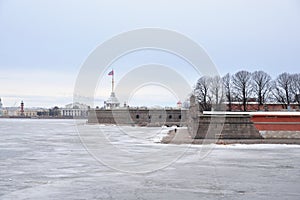 Frozen River Neva and bastion of Peter and Paul Fortress.