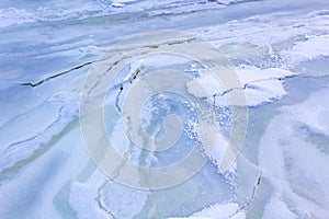 Frozen river sea on dike snow ice floes black ice