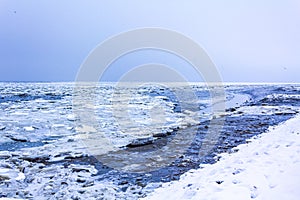 Frozen river sea on dike snow ice floes black ice