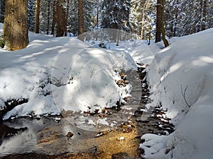 Zamrzlá řeka s proudem vody pokryté sněhem a ledem.