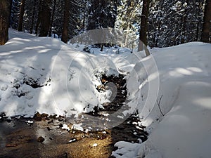 Zamrzlá řeka s proudem vody pokryté sněhem a ledem.