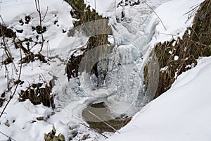 Frozen river with stream of water covered by snow and ice.