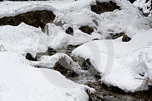 Zamrznutá rieka s prúdom vody pokrytá snehom a ľadom.