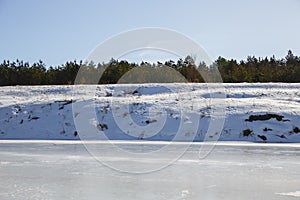 Frozen river on a sunny day. A forest grows on the shore