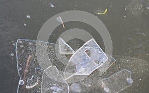 Frozen river in sunny winter day