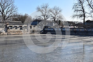 Frozen river at Tian`anmen Square near the Forbidden City in Beijing, China