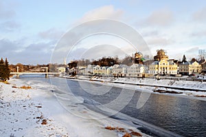 Frozen river Tvertsa in ancient russian town Torzhok