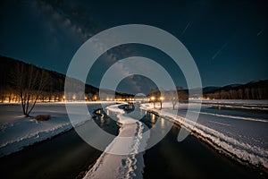 Frozen river under a starry sky