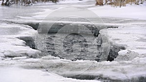 Frozen river, water flowing under ice.