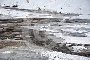 Frozen river in winter, snow and ice melting with fallen trunk of a tree