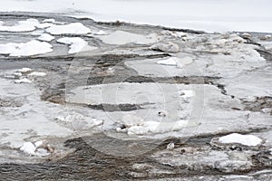 Frozen river in winter, snow and ice melting with fallen trunk of a tree