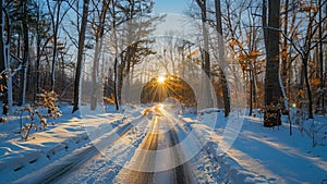 A frozen road ting through a snowy forest the blazing sun casting long shadows and creating a dazzling display of