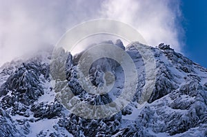 The frozen rocks of Gerlach`s summit. High Tatras Slovakia.