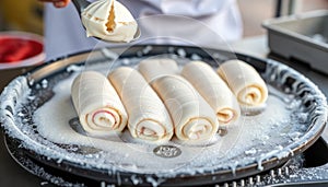 Frozen rolled ice cream being prepared on a cold pan, step-by-step visual of street-style ice cream making process 2