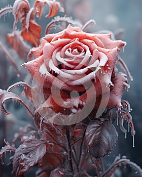 Frozen rose with frosty water droplets and moody lighting