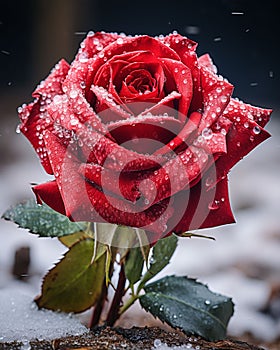 Frozen rose with frosty water droplets and moody lighting