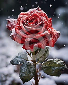 Frozen rose with frosty water droplets and moody lighting