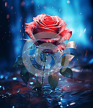 Frozen rose with frosty water droplets and moody lighting