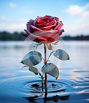 Frozen rose with frosty water droplets and moody lighting