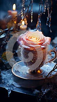 Frozen rose in an ice water cup