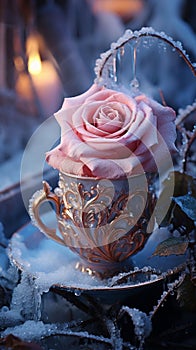 Frozen rose in an ice water cup