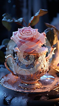 Frozen rose in an ice water cup