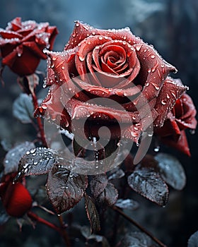 Frozen rose with water droplets and moody lighting