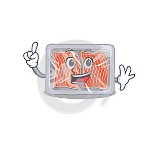 Frozen salmon mascot character design with one finger gesture