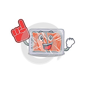 Frozen salmon presented in cartoon character design with Foam finger