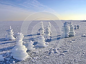 Frozen sea landscape with ice sculpture in Finland