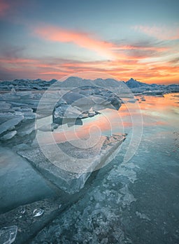 Frozen sea during sunset