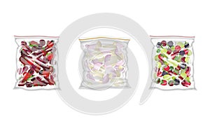 Frozen Sliced Onion and Mixed Berry Prepackaged and Ready to Culinary Use Vector Set