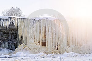 Frozen small mountain waterfall close up. Frozen Jagala Falls, Estonia